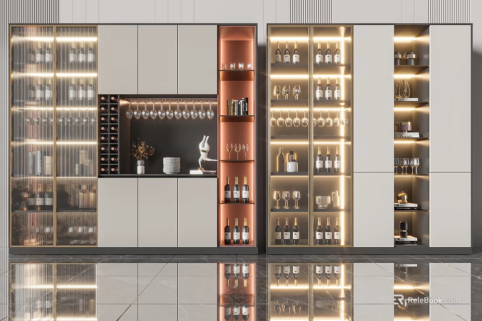 Modern Wine Cabinet Design With Glass Doors Lighting And Display Shelves For Wine Bottles 3d model 