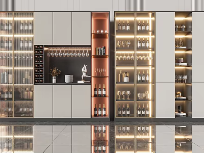 Modern Wine Cabinet Design With Glass Doors Lighting And Display Shelves For Wine Bottles 3d model