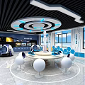 School Science Exploration Room With Modern Design Blue Lighting Round Tables And Open Space