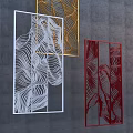 Golden White and Red Decorative Ornament Set With Wavy Line Design For Grey Wall