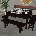 Dark Wooden Square Dining Table Set With Benches And Dinnerware 3d model