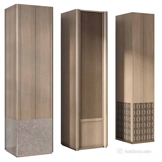Modern Wooden Columns Featuring Vertical Slats Stone Base And Geometric Patterns 3d model 