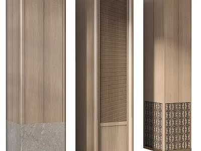 Modern Wooden Columns Featuring Vertical Slats Stone Base And Geometric Patterns 3d model