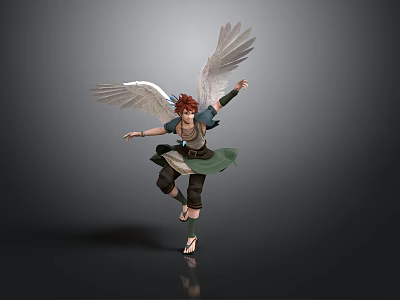 Winged Character 3D Model With Red Hair Green Outfit And Feather Wings In Dynamic Pose 3d model