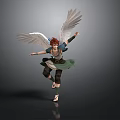 Winged Character 3D Model With Red Hair Green Outfit And Feather Wings In Dynamic Pose