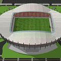 Modern Sports Stadium Featuring Green Football Turf Red Seats And Arch Roof Structure