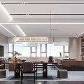 Modern Office Interior Design With Workstation Leather Sofa Wooden Bookshelves And Recessed Lighting