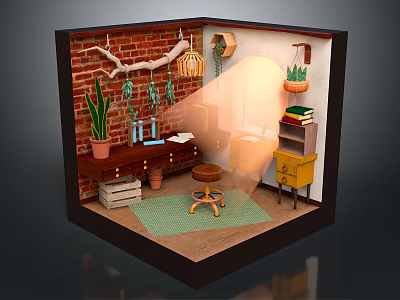 Cartoon Scene of Miniature Room with Brick Wall Hanging Lamp Plants Desk Stool and Bookshelf 3d model