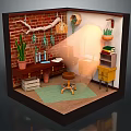 Cartoon Scene of Miniature Room with Brick Wall Hanging Lamp Plants Desk Stool and Bookshelf