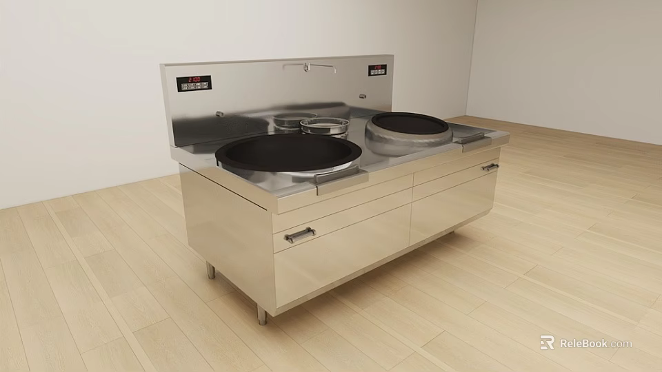 Stainless Steel Kitchen Cooking Station With Double Burners And Storage Drawers 3d model 
