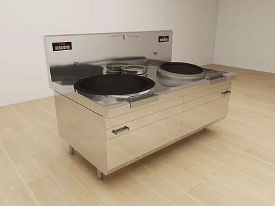 Stainless Steel Kitchen Cooking Station With Double Burners And Storage Drawers 3d model