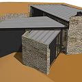 Detached Villa With Stone Walls Wooden Roof Frames And Large Glass Windows