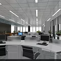 Modern Public Office Space with Open Workstations Computers Plants Large Windows And Ceiling Light Strips 3d model