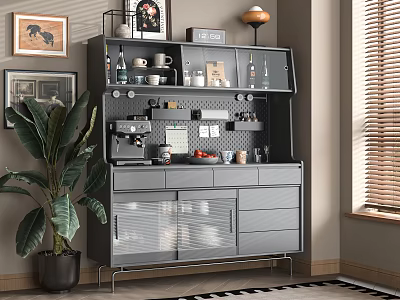 Modern Gray Sideboard With Glass Doors Drawers Coffee Machine And Decorations Near Indoor Plant 3d model