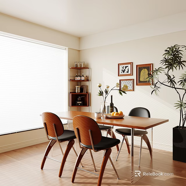 Elegant Restaurant Interior With Wooden Dining Table Black Chairs Natural Light Decorative Paintings And Green Plant 3d model 