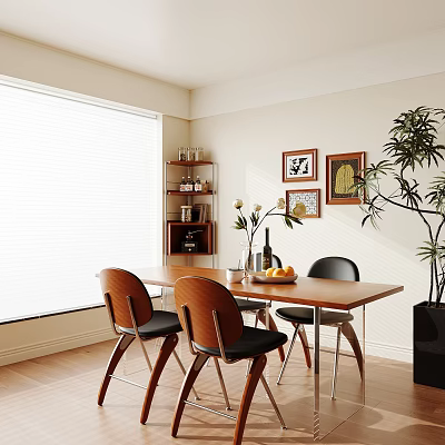 Elegant Restaurant Interior With Wooden Dining Table Black Chairs Natural Light Decorative Paintings And Green Plant 3d model