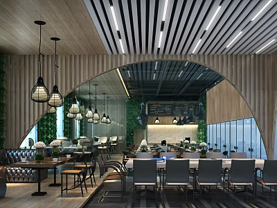 Modern Open Cafe With Wooden Ceiling Green Plant Wall Hanging Lamps Long Tables Dining Chairs 3d model