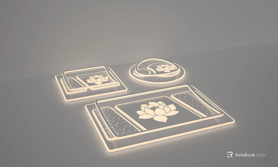 Modern Illuminated Ceiling Lights With Square Round Shapes And White Lotus Pattern 3d model 