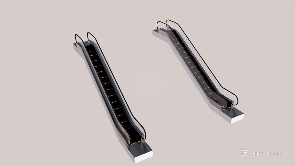Modern Escalators with Black Steps Silver Handrails and Metal Frame Structure Design 3d model 