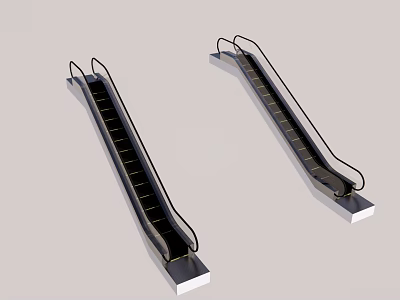 Modern Escalators with Black Steps Silver Handrails and Metal Frame Structure Design 3d model