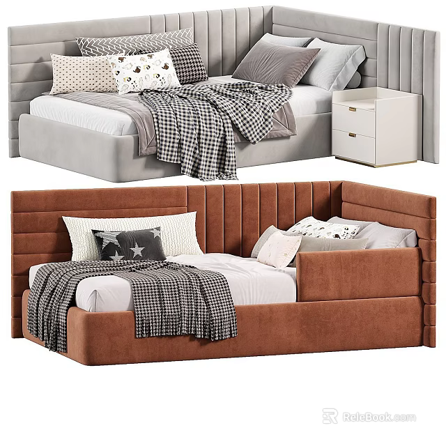 Stylish Sofa Bed with Plush Upholstery Multiple Pillows Checkered Blanket in Gray and Brown Tones 3d model 