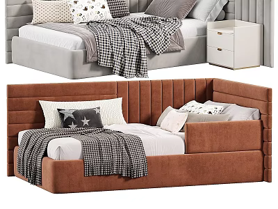 Stylish Sofa Bed with Plush Upholstery Multiple Pillows Checkered Blanket in Gray and Brown Tones 3d model