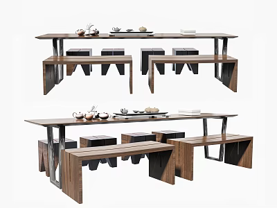 Modern Wooden Tea Table And Matching Stools With Tea Sets Placed On Top 3d model