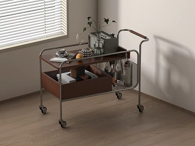 Mobile Storage Cart With Metal Frame Wooden Drawer Shelves Coffee Machine And Plant 3d model