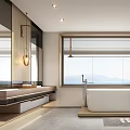 Elegant Modern Bathroom Interior Design With Freestanding Bathtub Large Window And Wooden Vanity