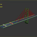 Detailed suspension bridge model with main tower cable stays on gray reflective background