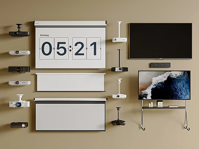 Various Projection Monitoring Devices Including Projector Screens Security Cameras and Displays 3d model