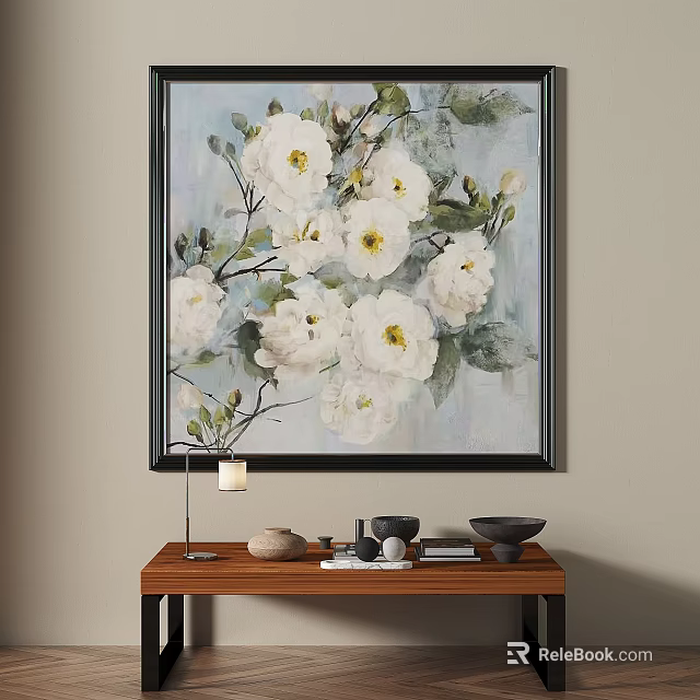 Framed Floral Painting With White Flowers On Wall 3d model 