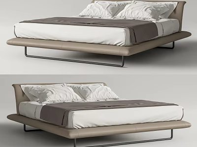 Modern Double Bed With Leather Frame Metal Support White Mattress And Pillows 3d model