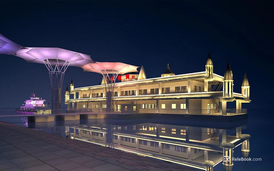 Scenic Night View Of Grand Illuminated Building With Spires Water Reflection And Umbrella Structures 3d model 