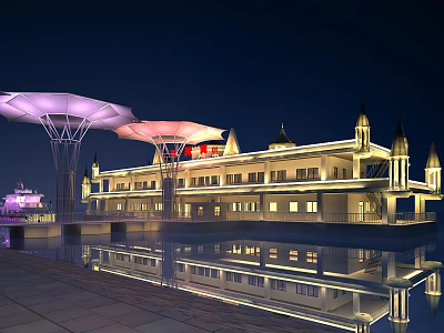 Scenic Night View Of Grand Illuminated Building With Spires Water Reflection And Umbrella Structures 3d model