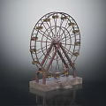 Vintage Ferris Wheel Model With Metal Structure And Wooden Cabins On Stone Base