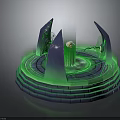 Mystical Circular Platform With Green Glowing Rings Spiked Structures And Central Light