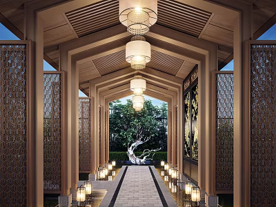 Traditional Wooden Pergola With Hanging Lanterns Carved Screens And Stone Pathway 3d model