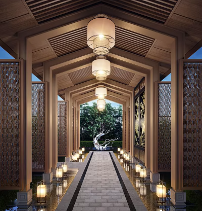 Traditional Wooden Pergola With Hanging Lanterns Carved Screens And Stone Pathway 3d model