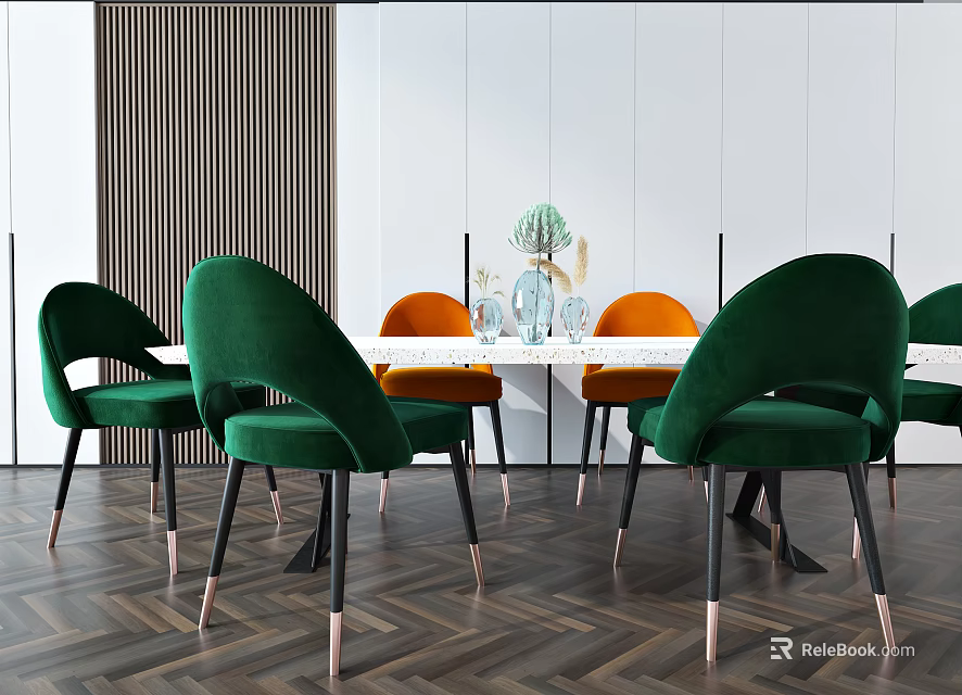 Modern Dining Table Set With Green And Orange Chairs And Decorative Items 3d model