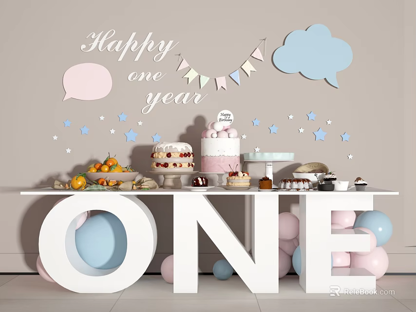First Birthday Decoration Set with Cloud Star Ornaments Balloon Cake Fruit and Giant ONE Letters 3d model 