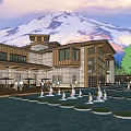 Spacious Single Family Villa Exterior With Snow Capped Mountain View And Courtyard People