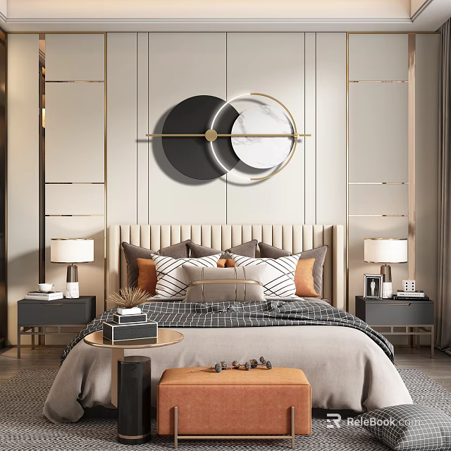 Modern Double Bed With Upholstered Headboard Nightstands And Circular Wall Decor 3d model 