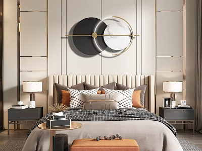 Modern Double Bed With Upholstered Headboard Nightstands And Circular Wall Decor 3d model