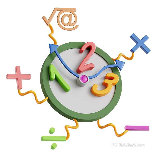 Educational Clock Teaching Device With Colorful Numbers Arrows Math Symbols And Decorative Curves 3d model 