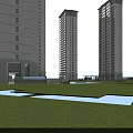 Modern High Rise Residential Entrance Gate With Wooden Canopy Spacious Striped Pavement And Lawn