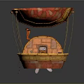 Ornate Red And Gold Hot Air Balloon With Intricate Patterns And Circular Gondola