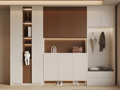 Modern Shoe Cabinet Interior Design with Wooden White Cabinets Clothing Rack Bench and Lighting 3d model