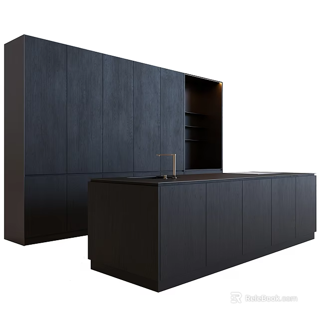 Dark Wooden Modern Kitchen Cabinets With Integrated Countertop And Sink Design 3d model 