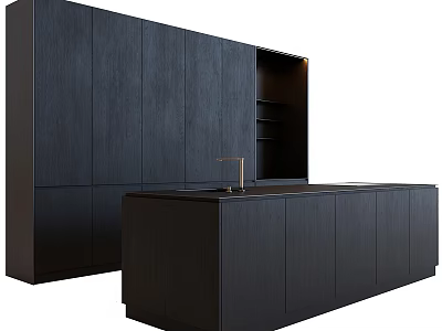 Dark Wooden Modern Kitchen Cabinets With Integrated Countertop And Sink Design 3d model